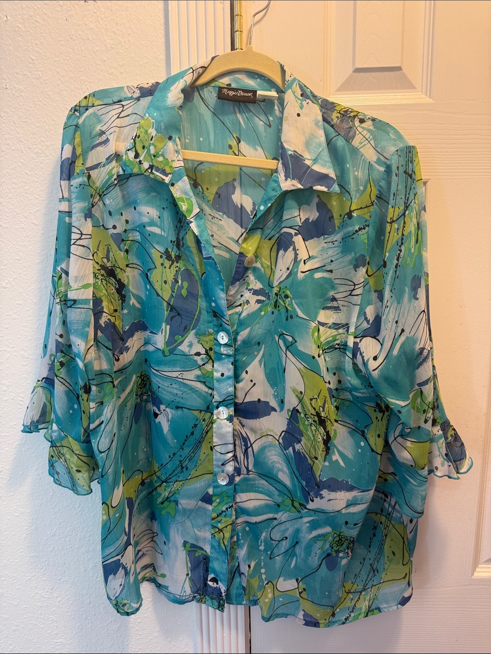 Maggie Barnes Teal, Blue and Lime Floral Button-Down Shirt